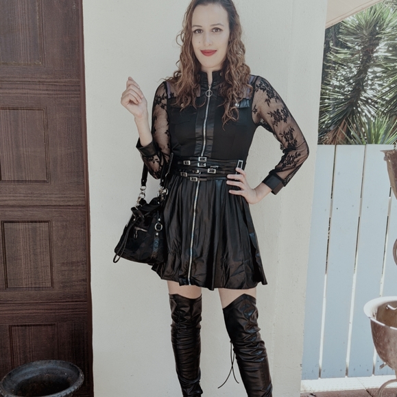 NWT Sexy Gothic Punk Rocker Lace Faux Leather Zipper Mini Bridesmaid Dress.S:S-L - Picture 3 of 16